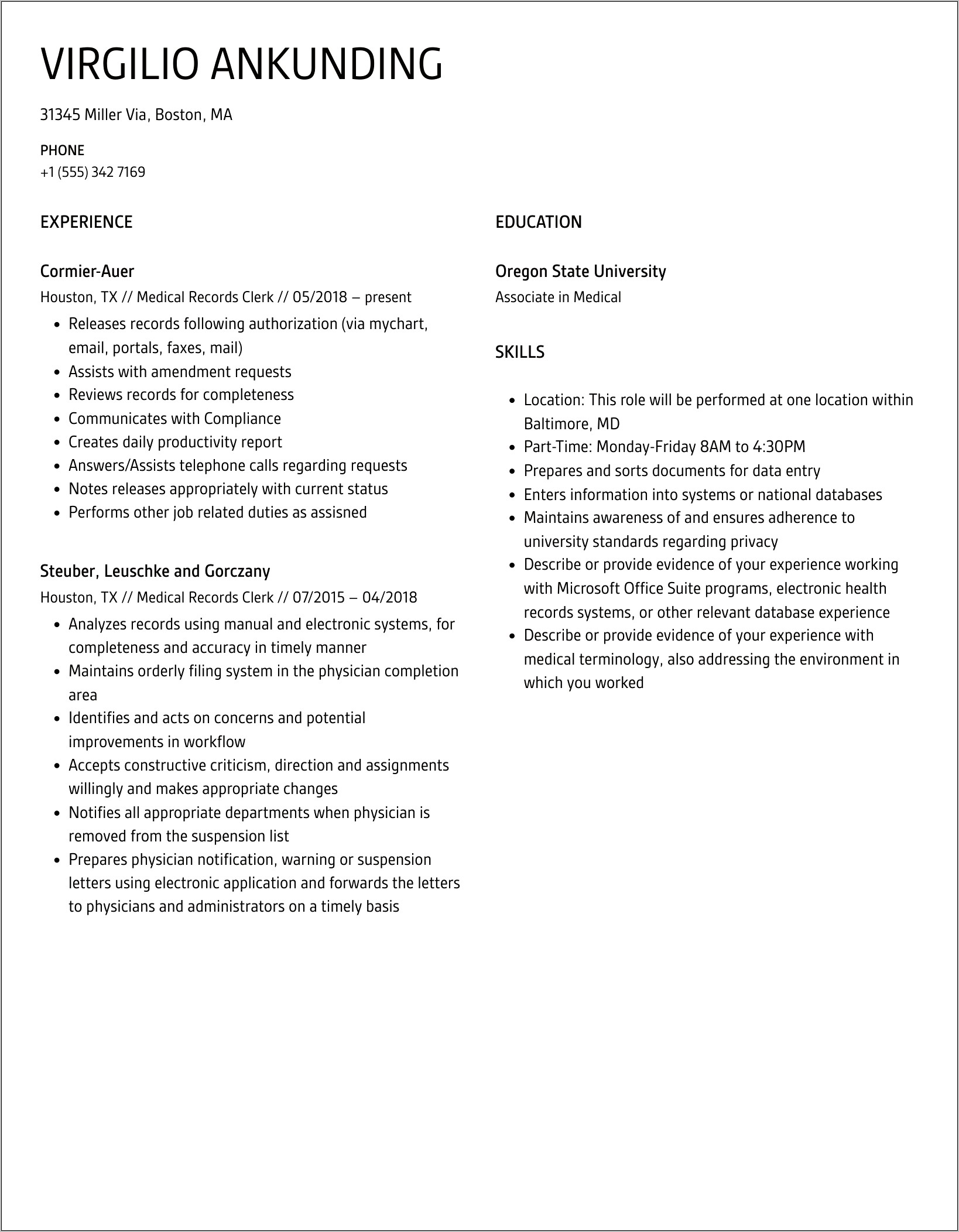 Resume Summary Samples Medical Records
