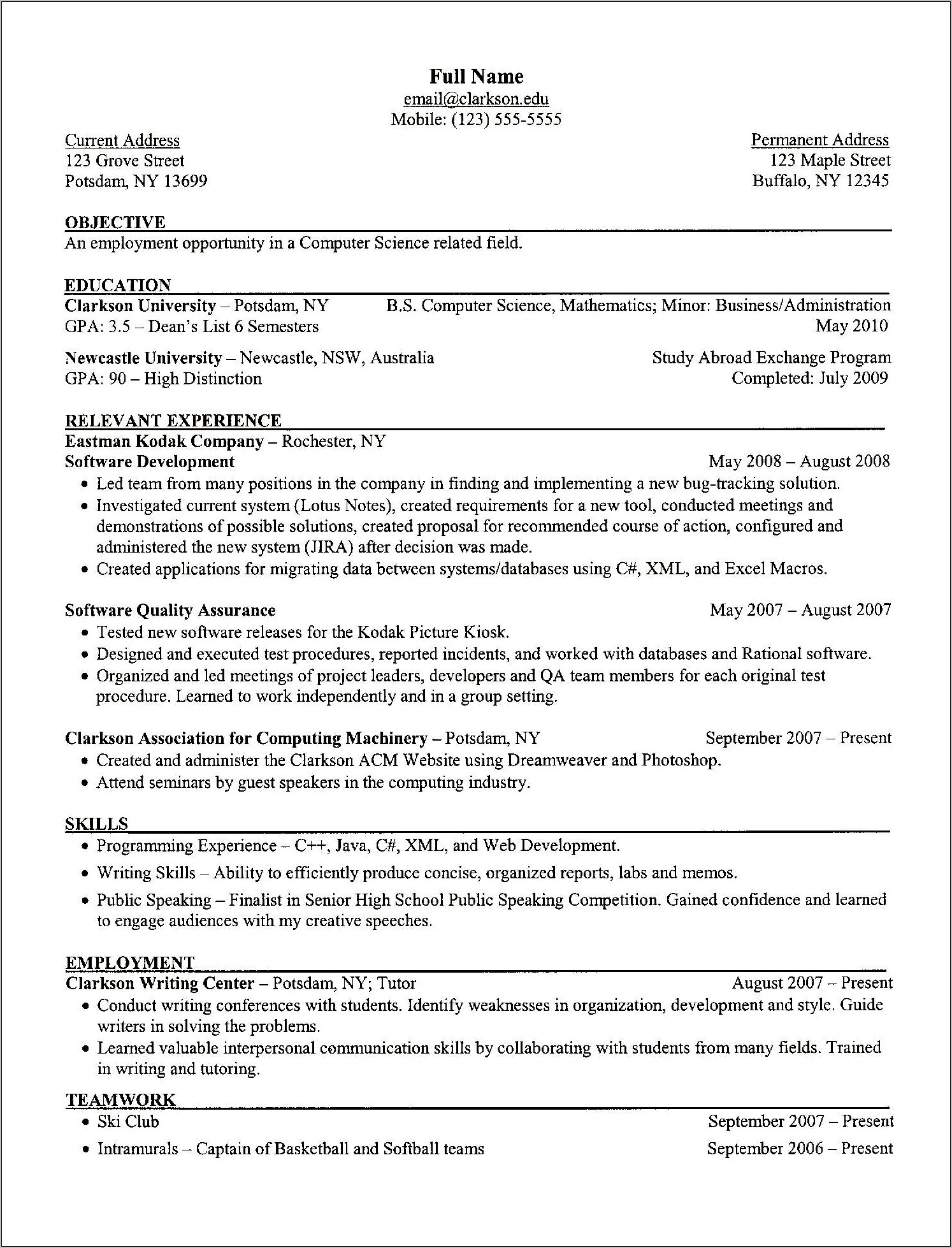 Resume Template Examples Computer Science