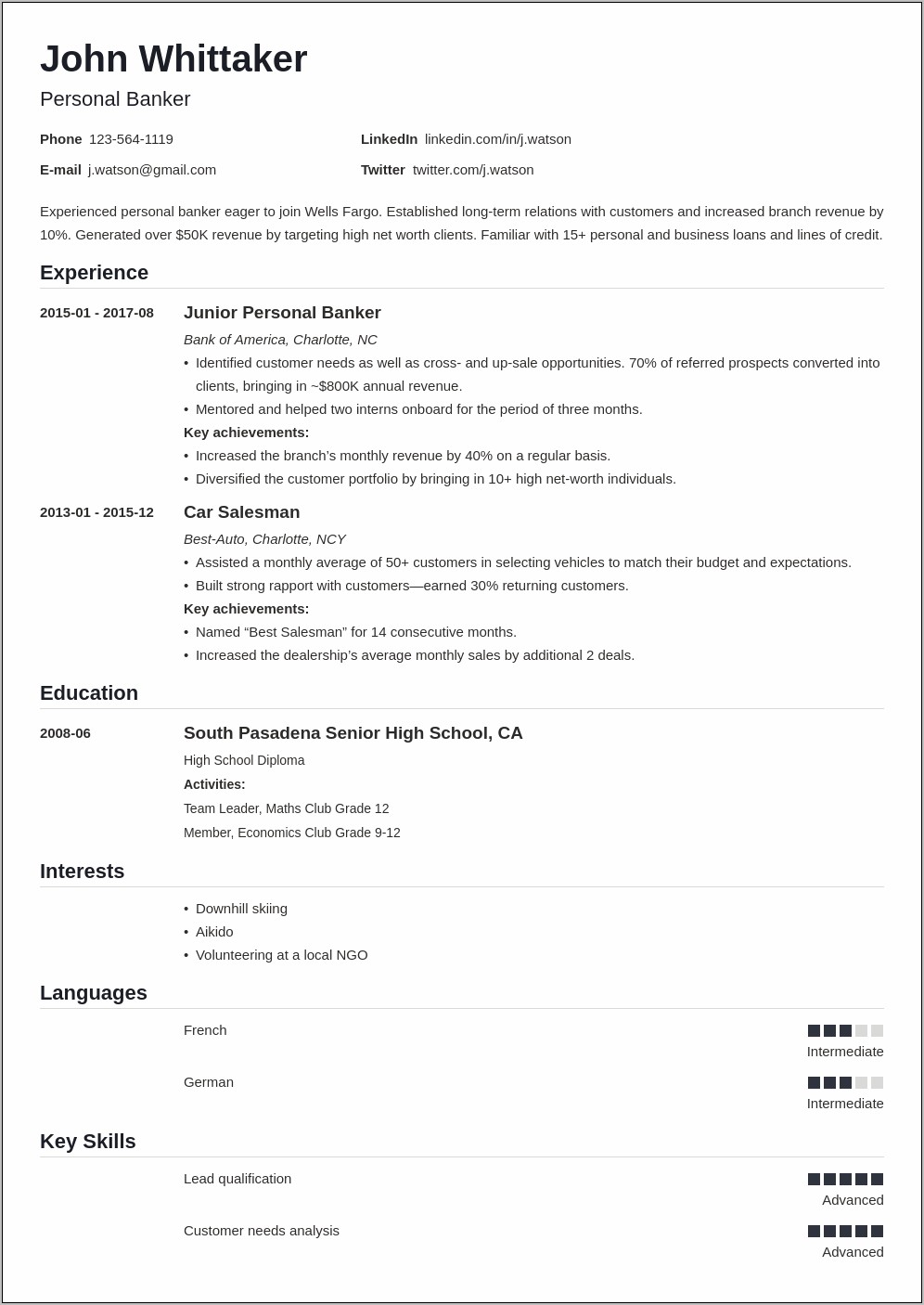 Resume Templates For Bank Jobs