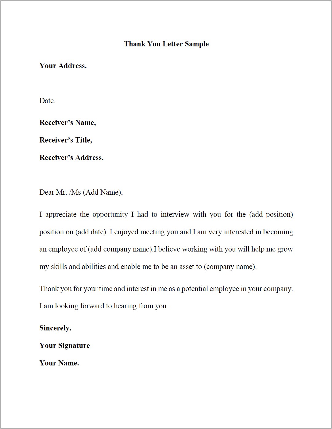 Resume Thank You Letter Sample