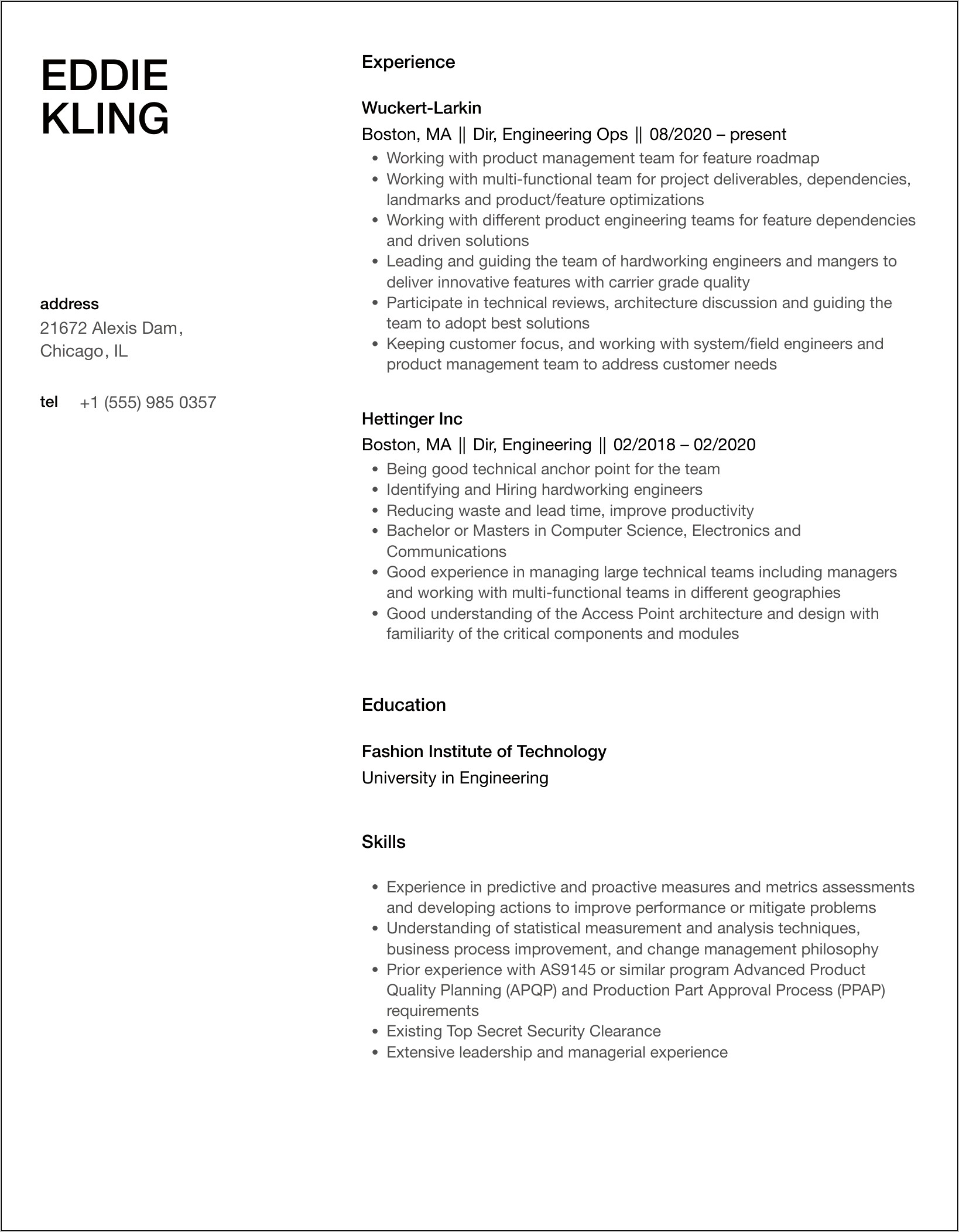 Resume Volterf Engineer Example Us