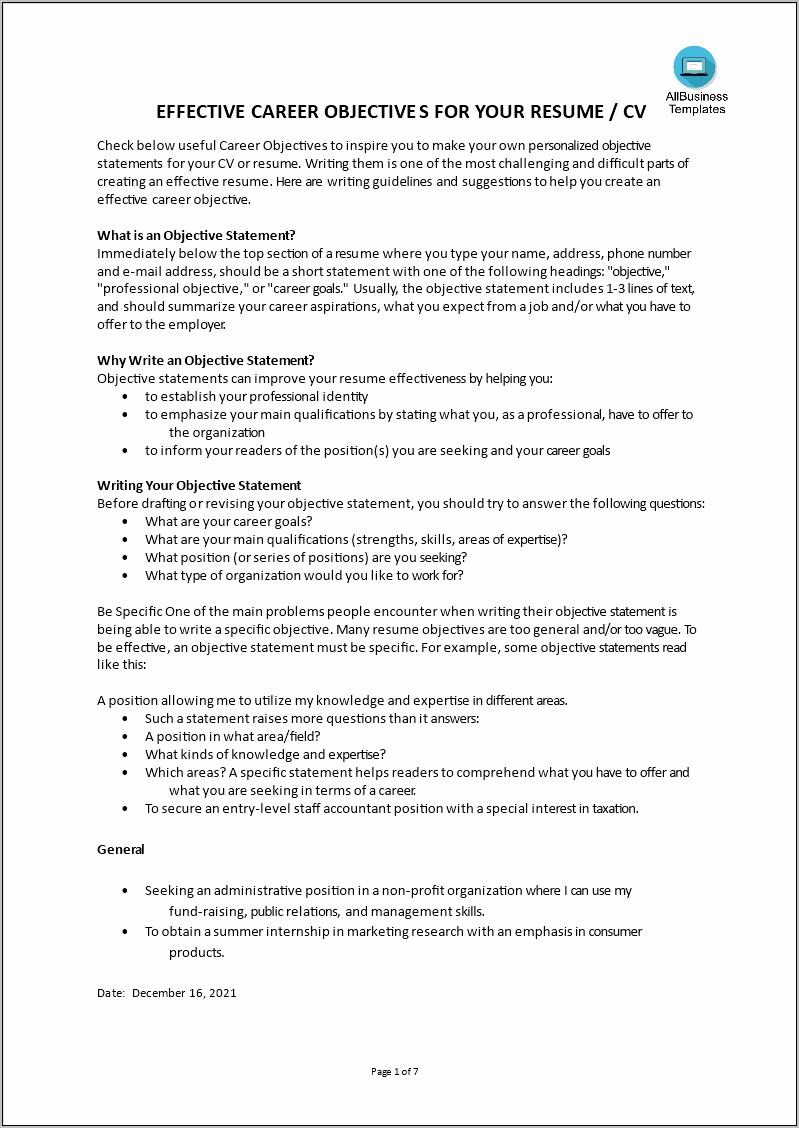 Resume With Career Objective Examples