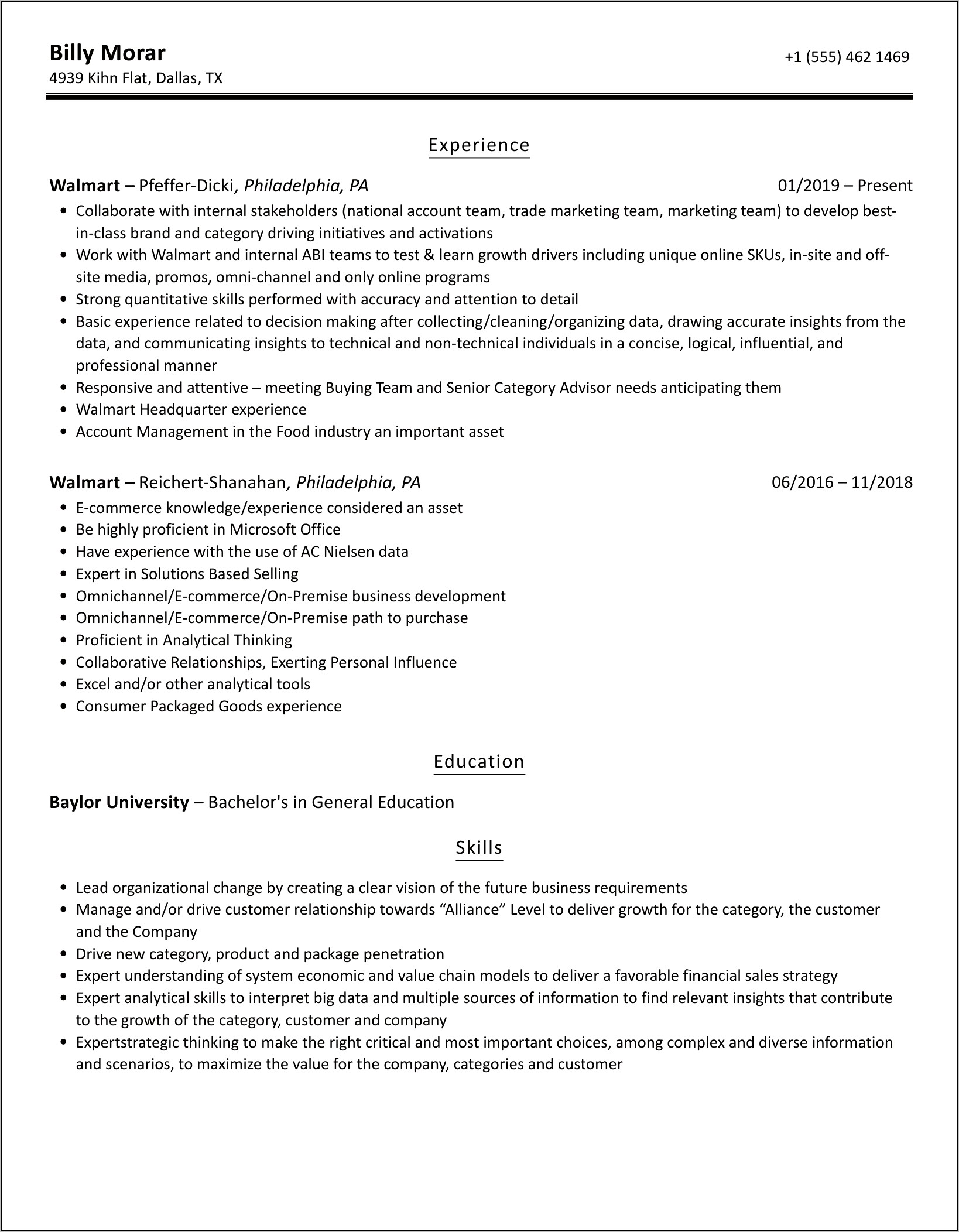 Resume Written By Walmart Manager