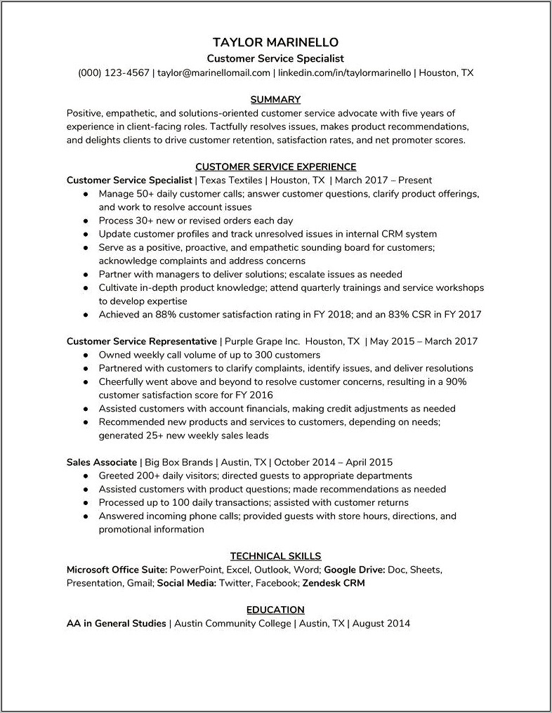 Resumes Example For Customer Sevice