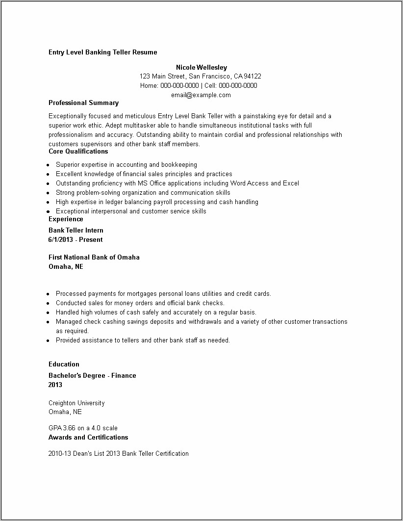 Resumes For Bank Tellers Sample