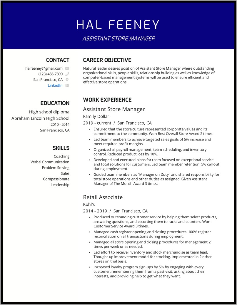 Retail Assistant Manager Job Resume