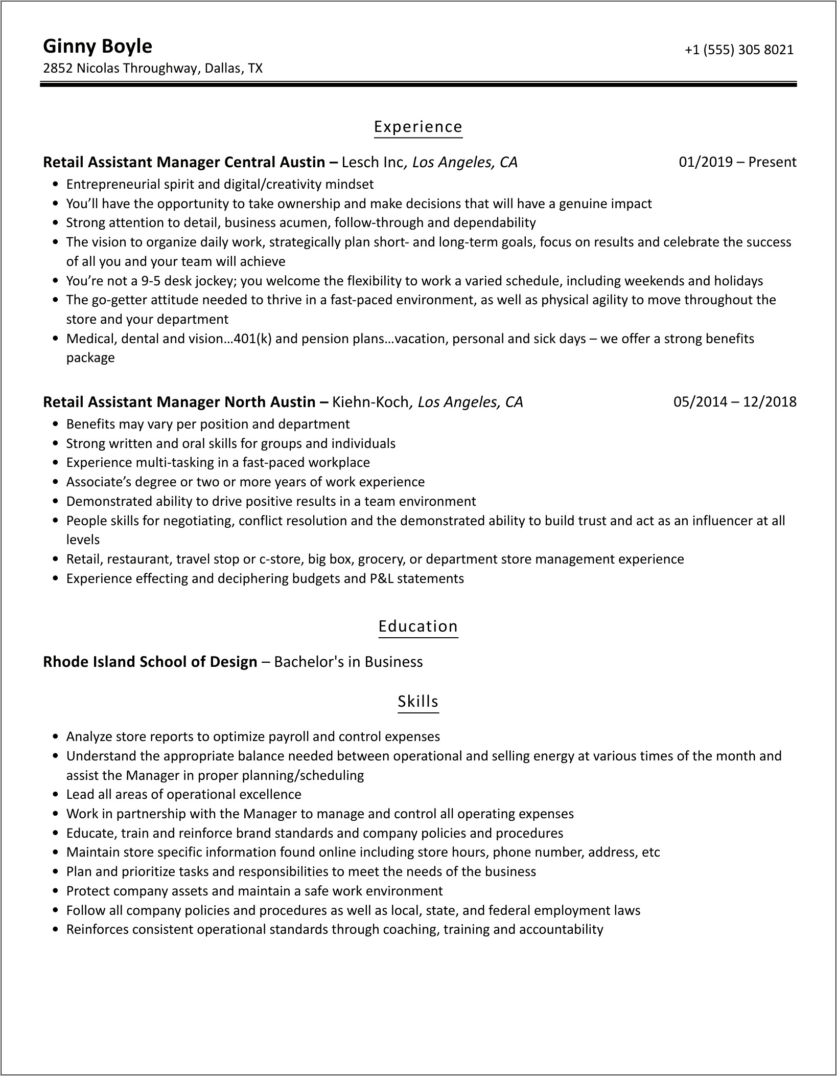 Retail Assistant Manager Resume Pdf
