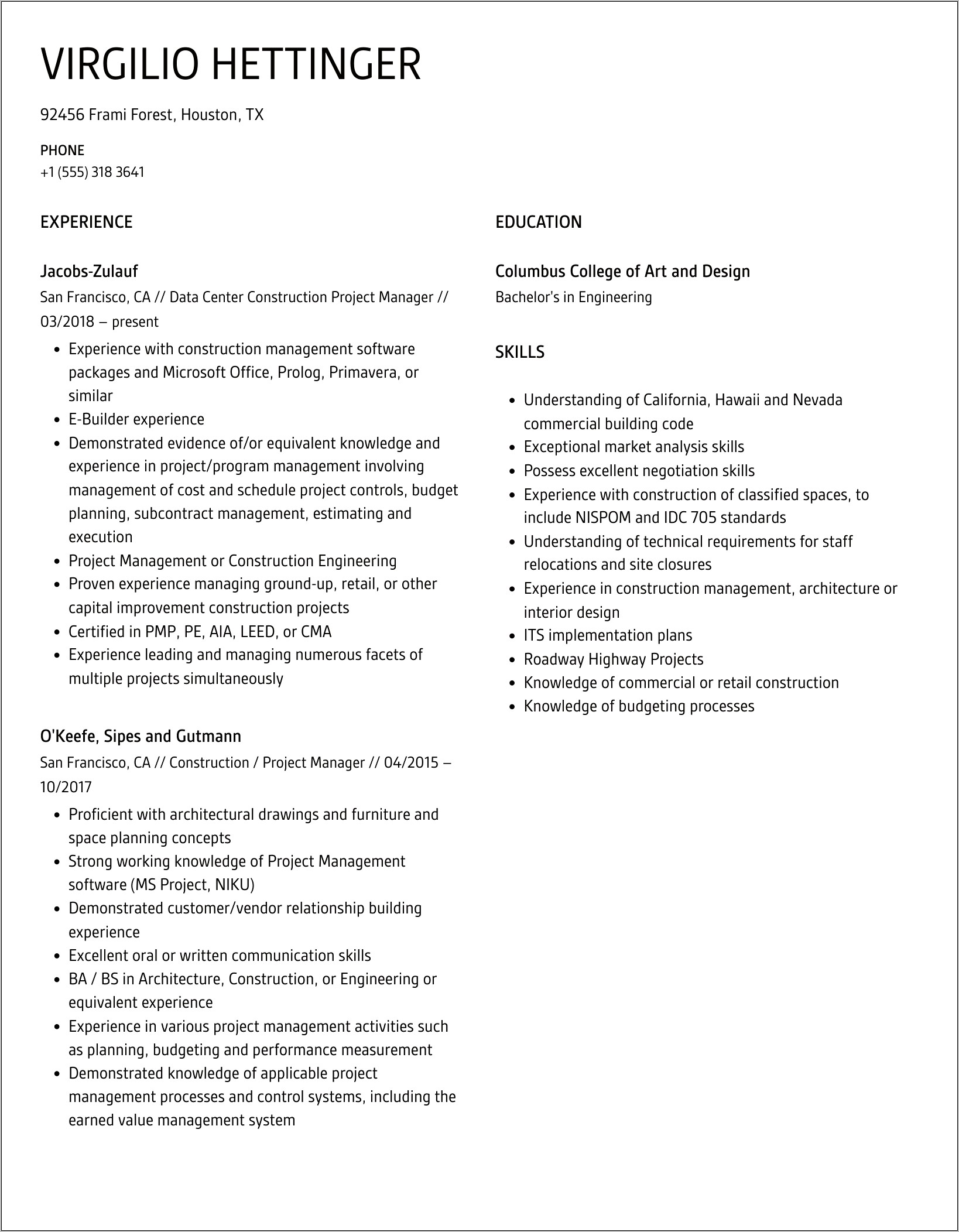 Retail Construction Project Manager Resume