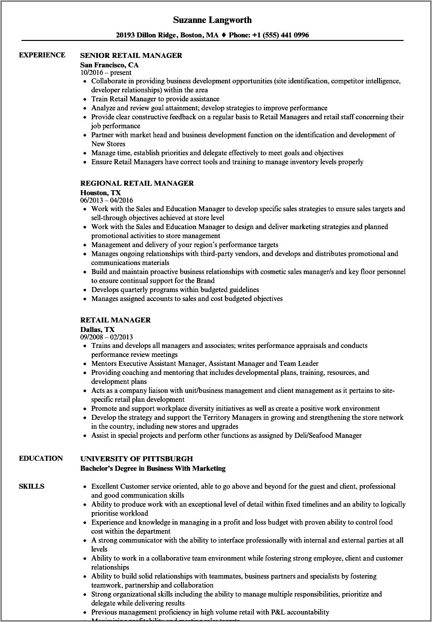 Retail Management Experience Sample Resume
