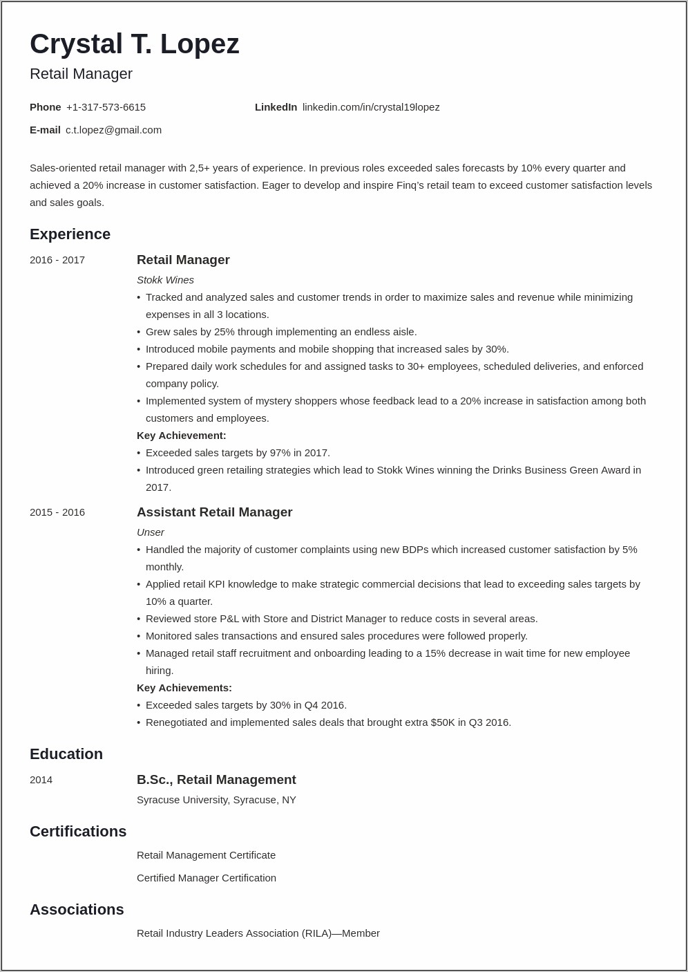 Retail Manager Resume Examples 2015