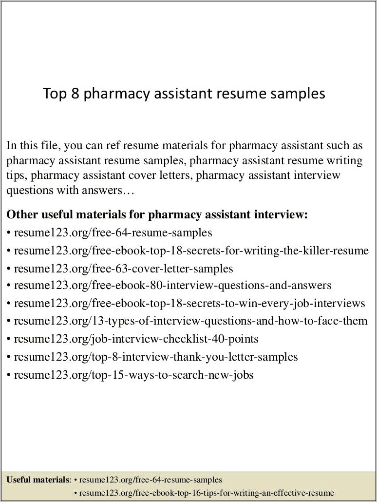 Retail Pharmacy Assistant Resume Sample