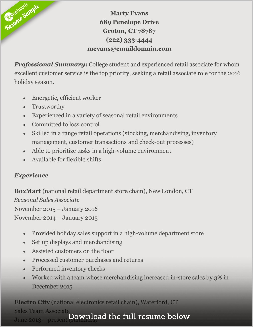 Retail Worker Job Description Resume