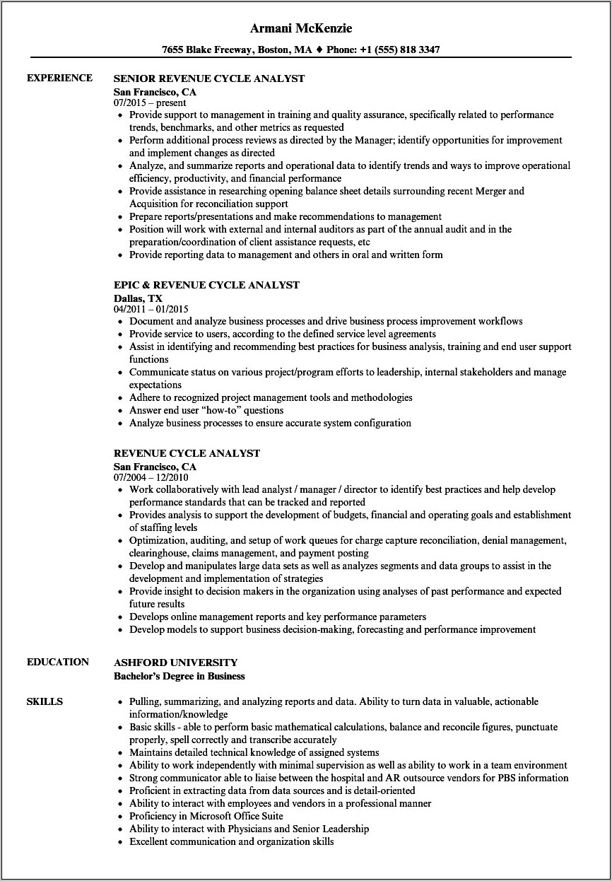 Revenue Cycle Specialist Resume Examples