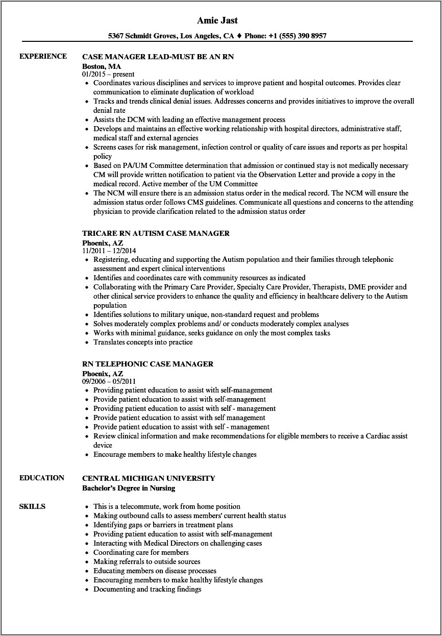 Rn Case Manager Resume Example