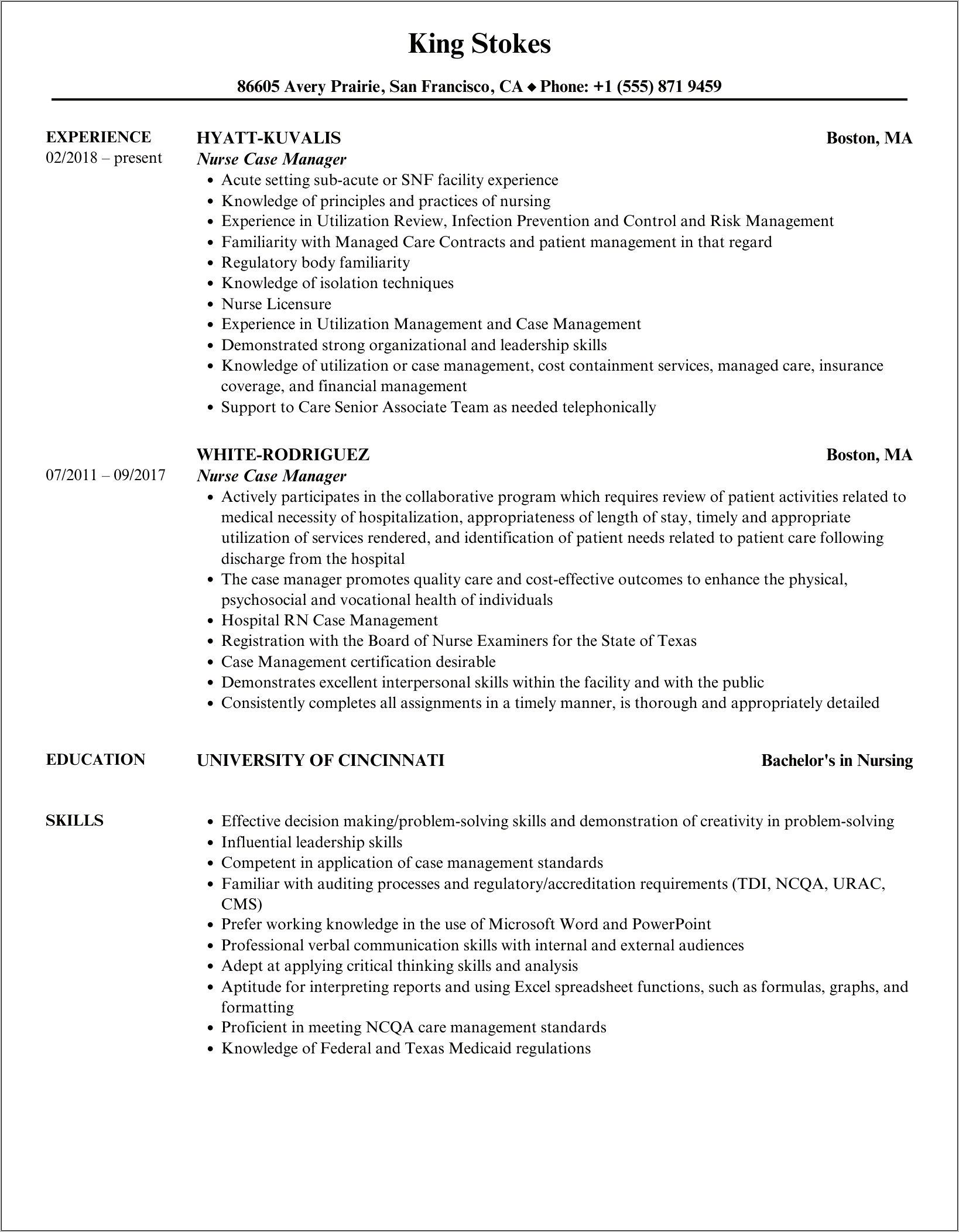 Rn Case Manager Resume Summary