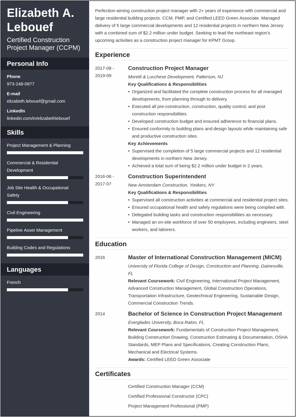 Road Construction Project Manager Resume