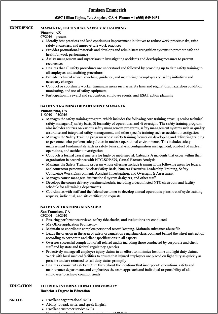 Safety Job Description For Resume