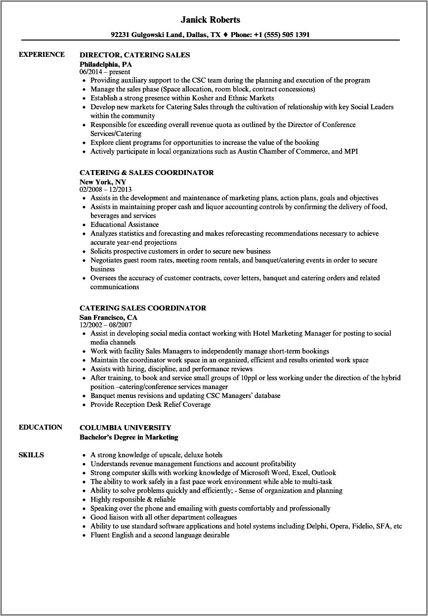 Sales And Catering Manager Resume