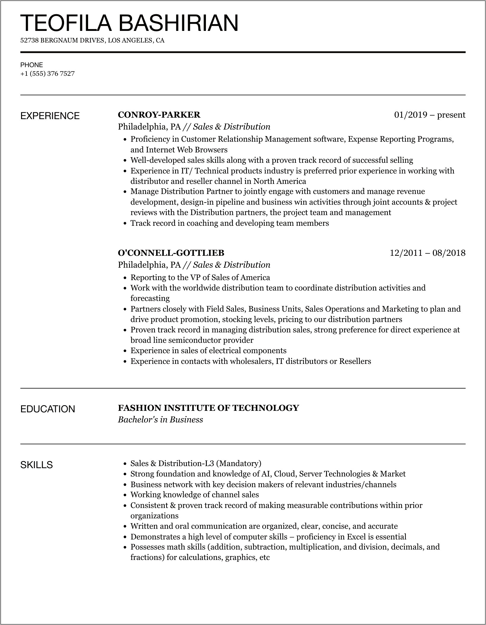 Sales And Distribution Management Resume