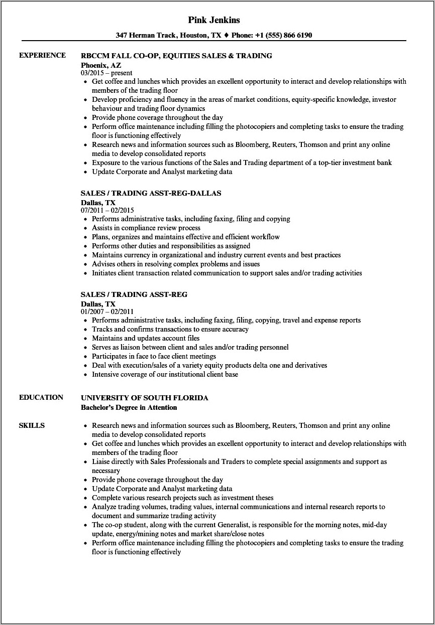 Sales And Trading Resume Examples