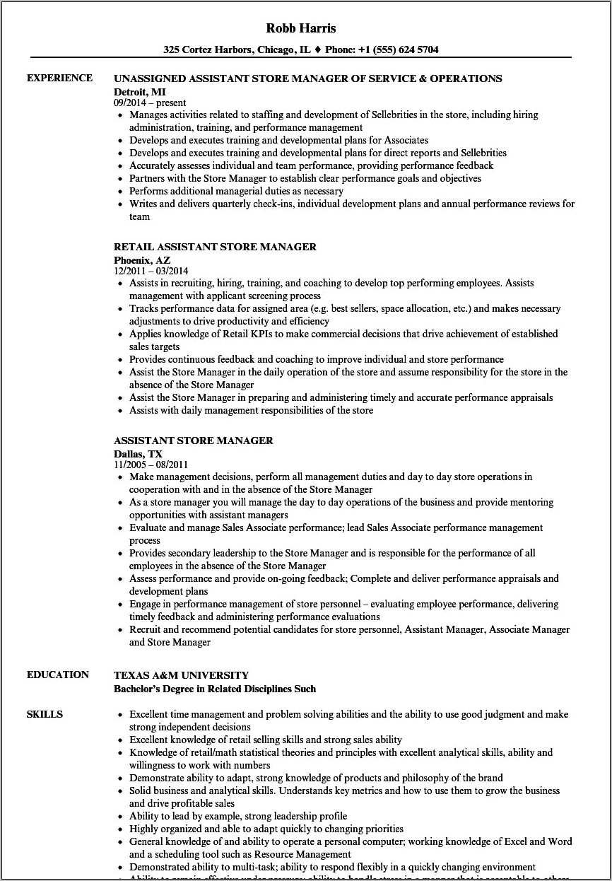 Sales Assistant Store Manager Resume
