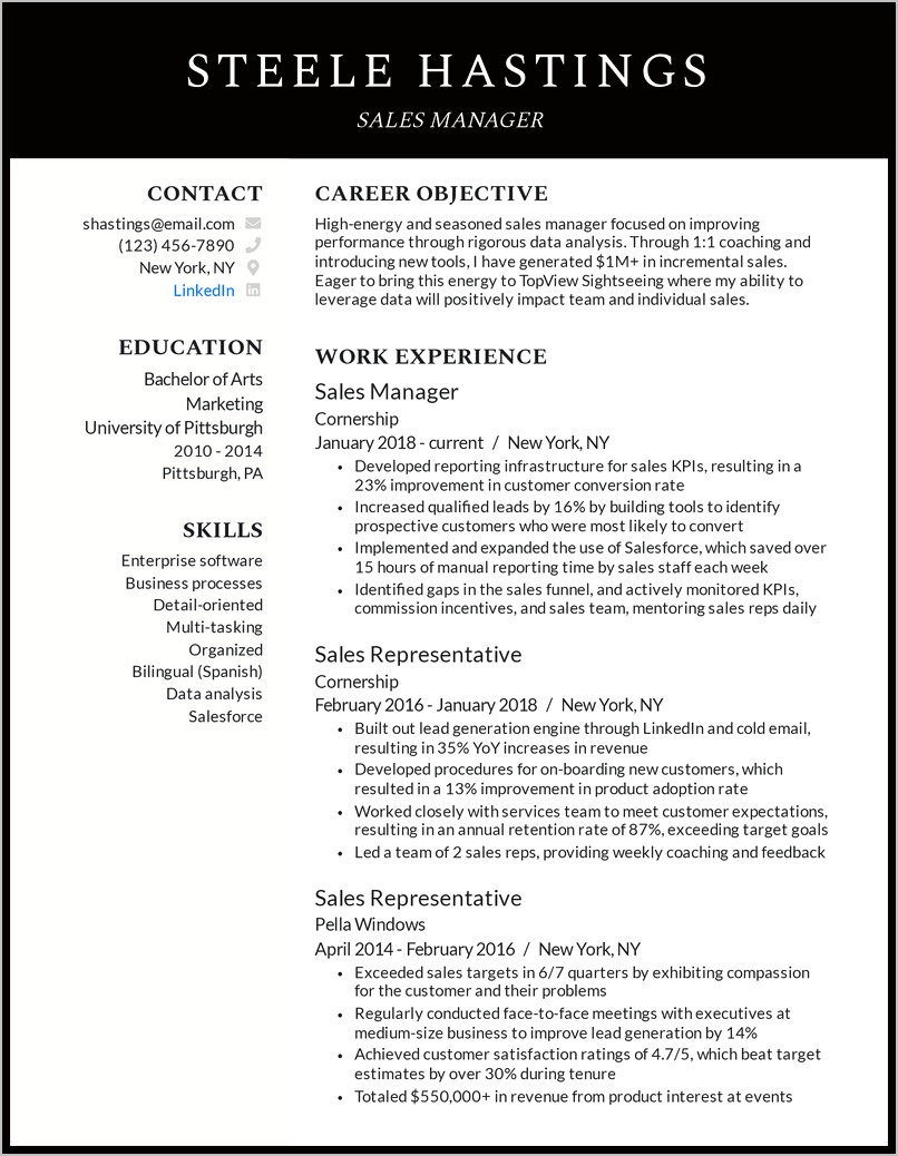 Sales Marketing Objective For Resume