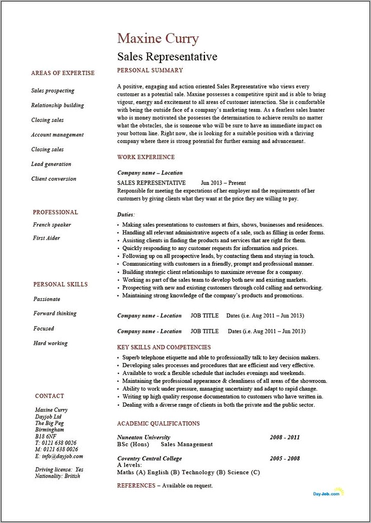 Sales Resume Examples No Experience