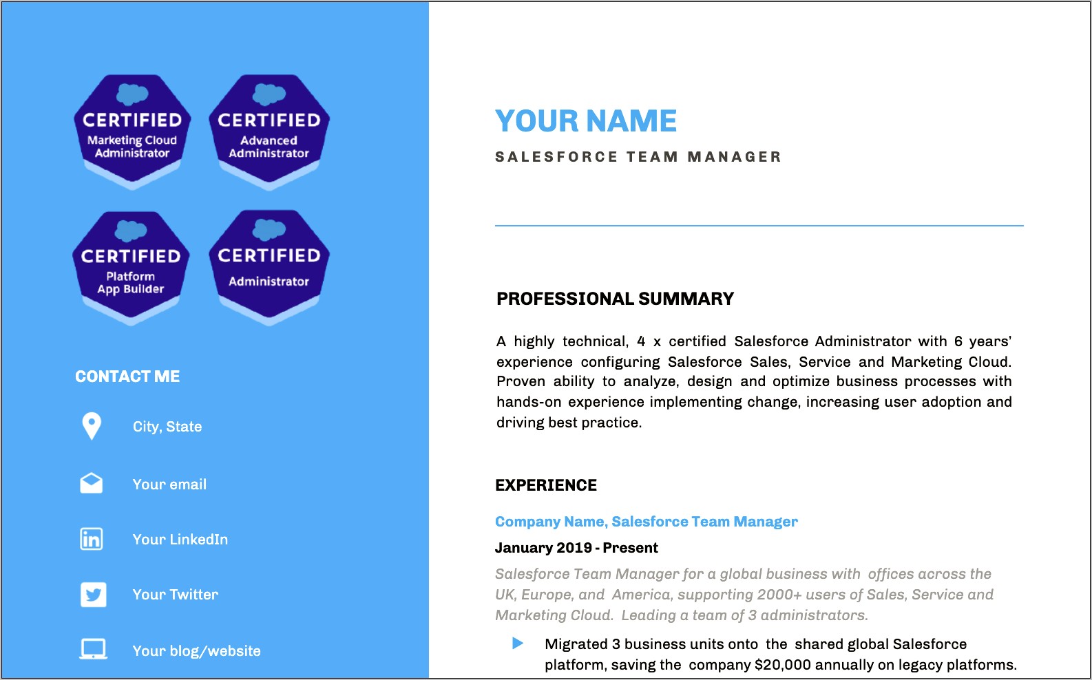 Salesforce Certified Administrator Resume Examples