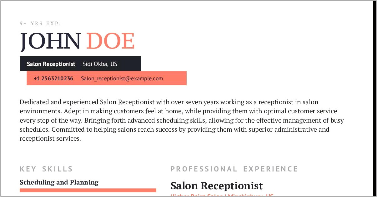 Salon Receptionist Job Duties Resume