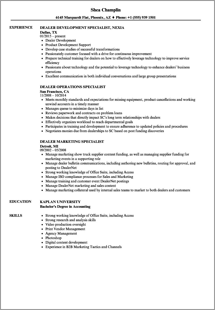 Sample Accounting For Dealership Resume