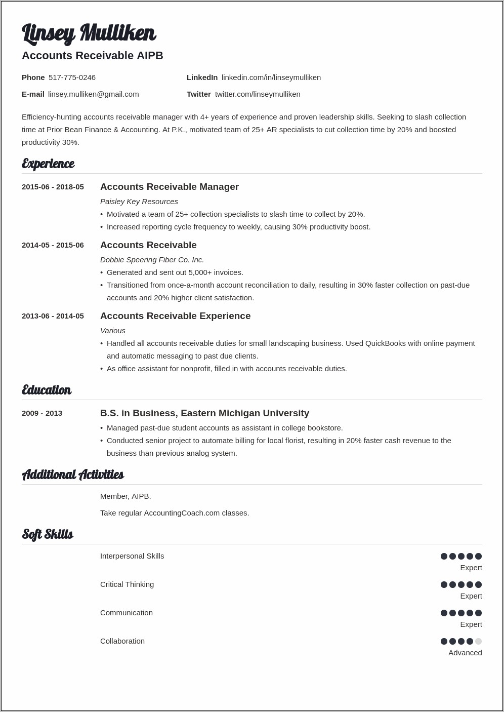 Sample Accounts Receivable Manager Resume