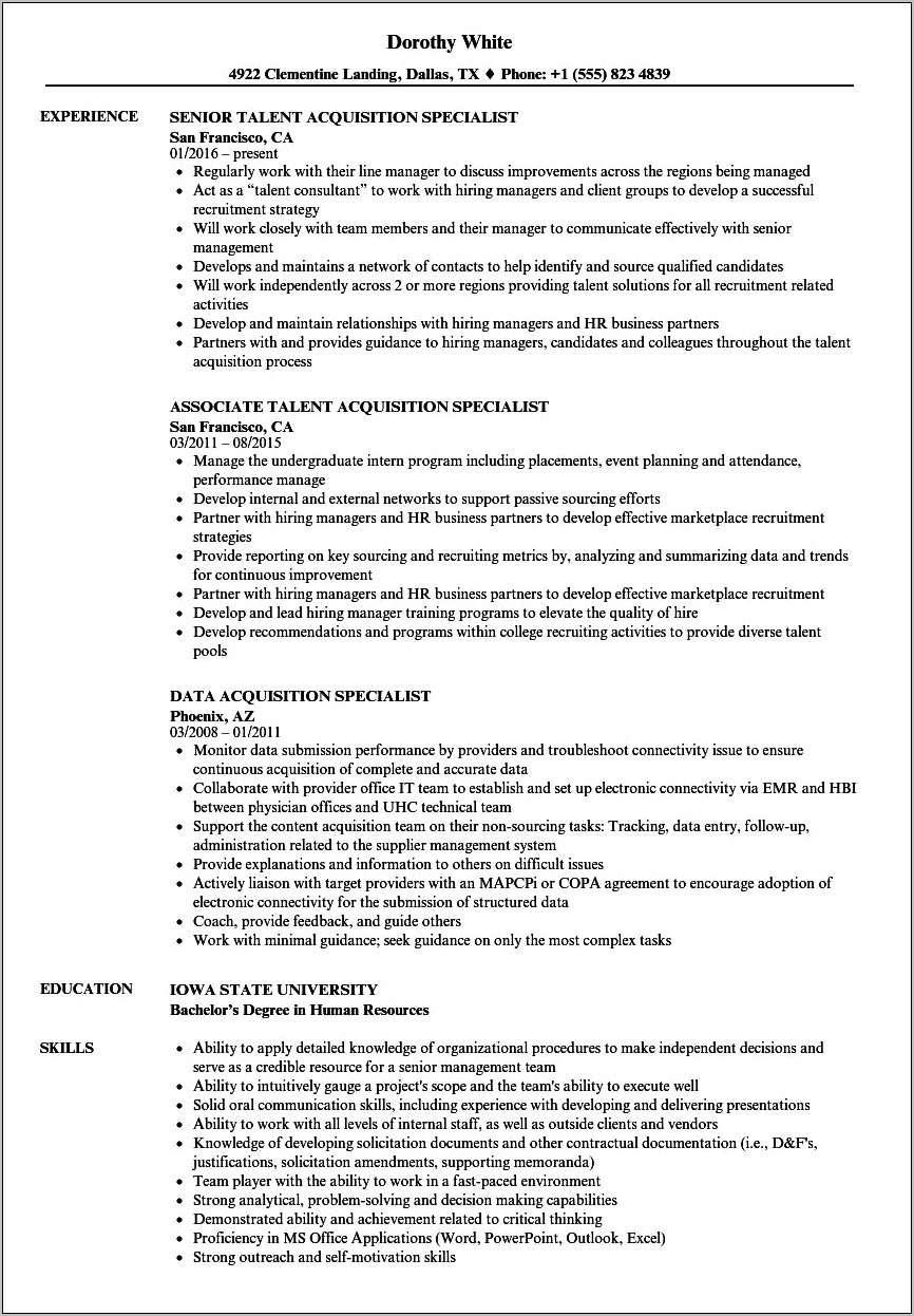 Sample Acquisition On A Resume