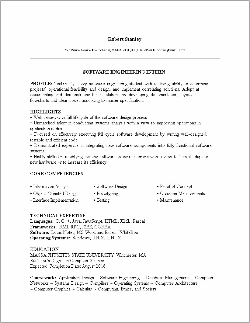 Sample Computer Science Intern Resume