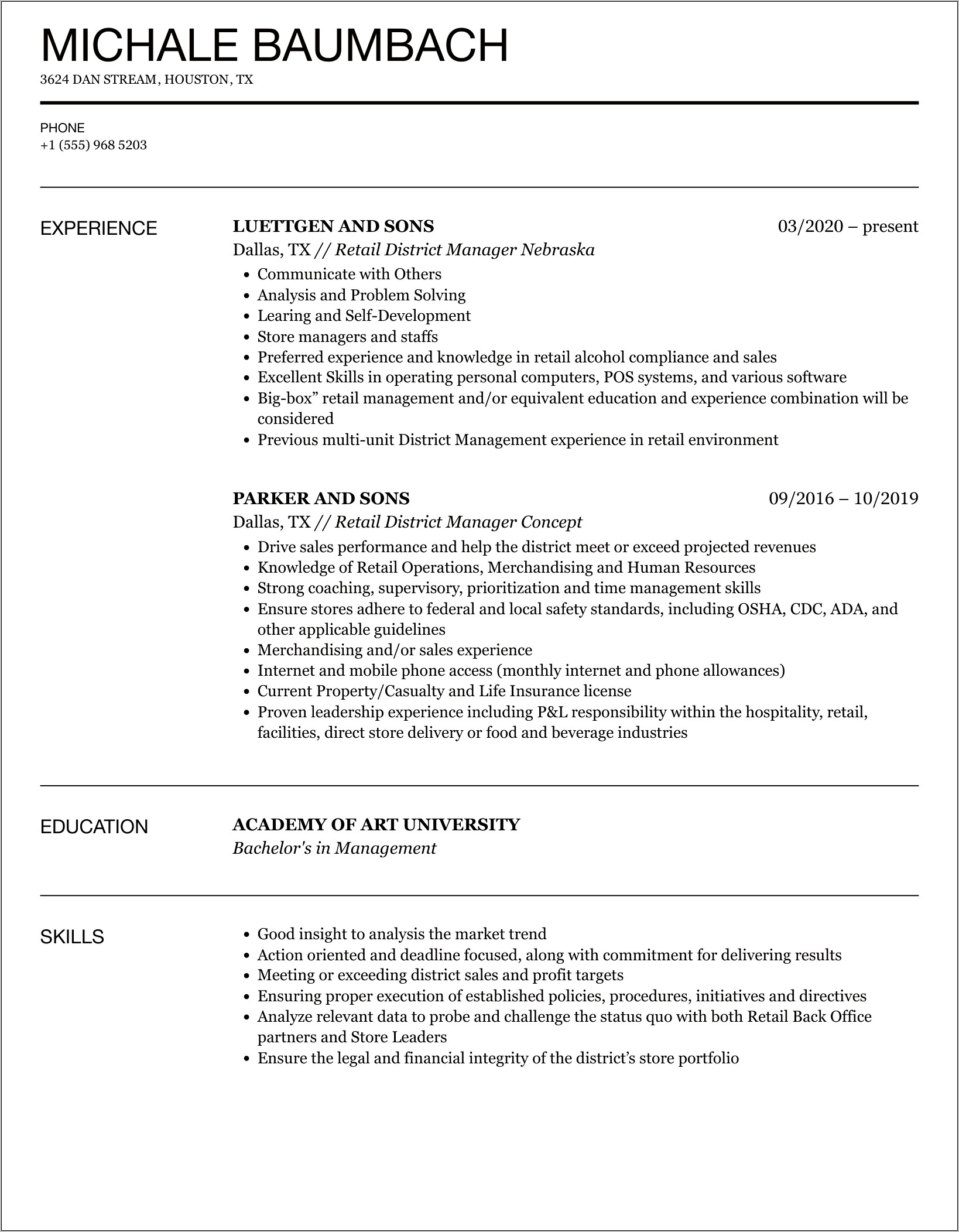 Sample Convenience Store Manager Resume