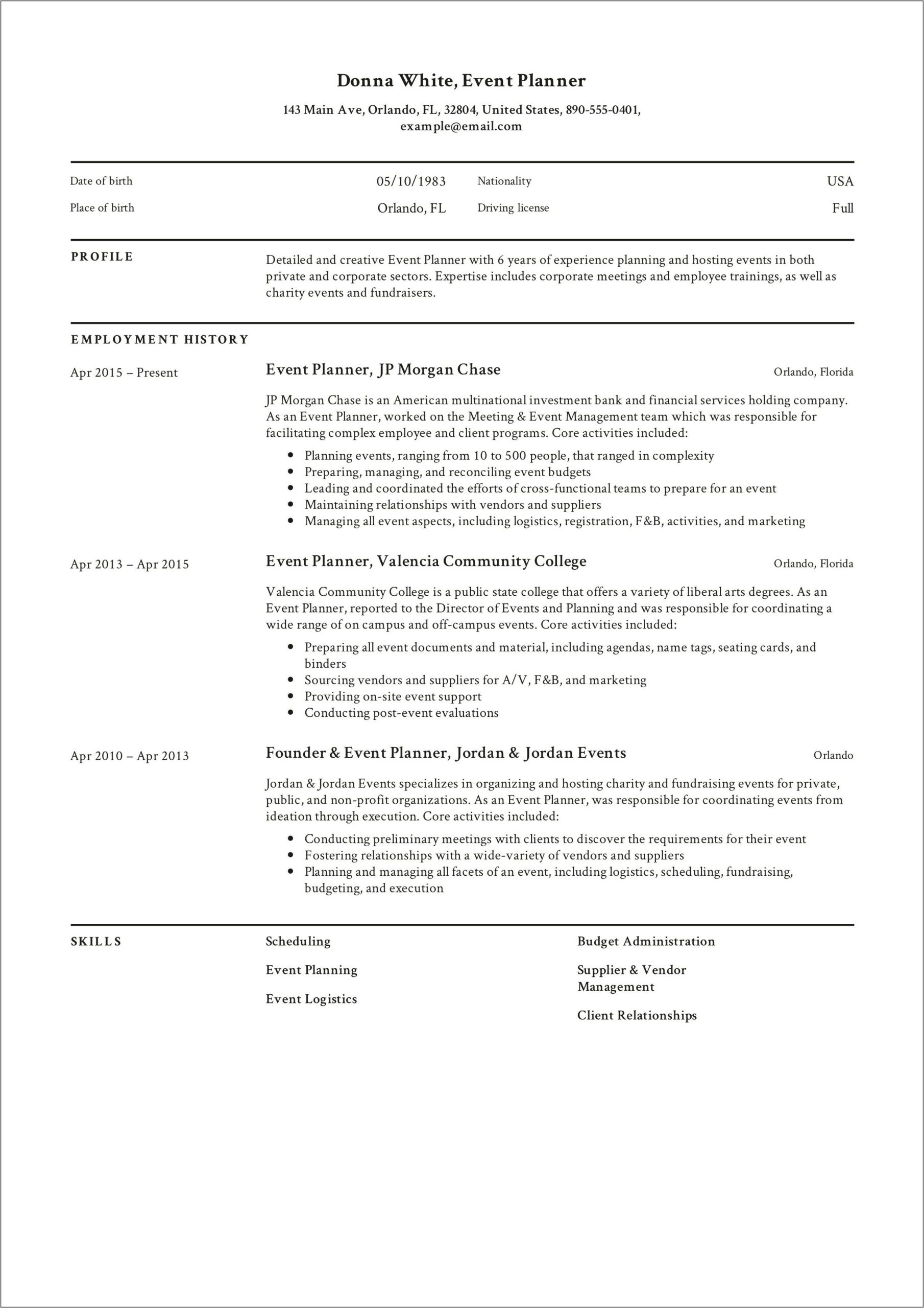 Sample Corporate Event Planner Resume