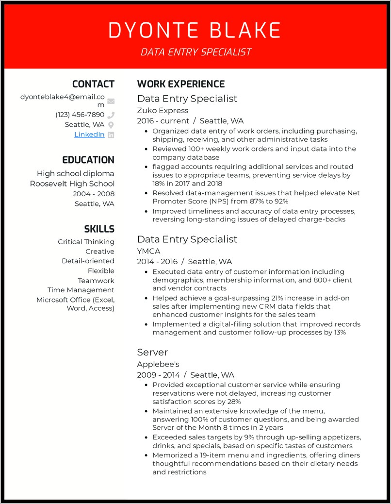 Sample Data Entry Specialist Resume