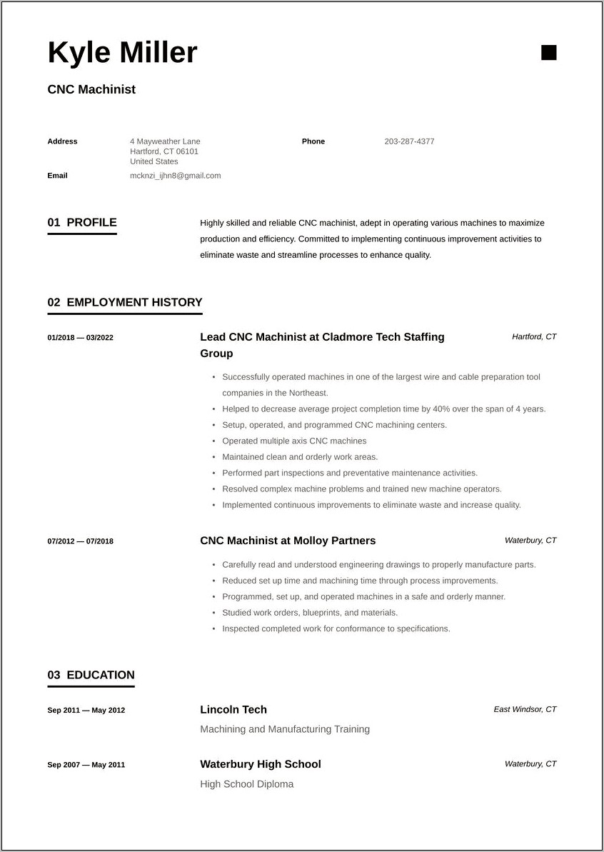 Sample Entry Level Machinist Resume