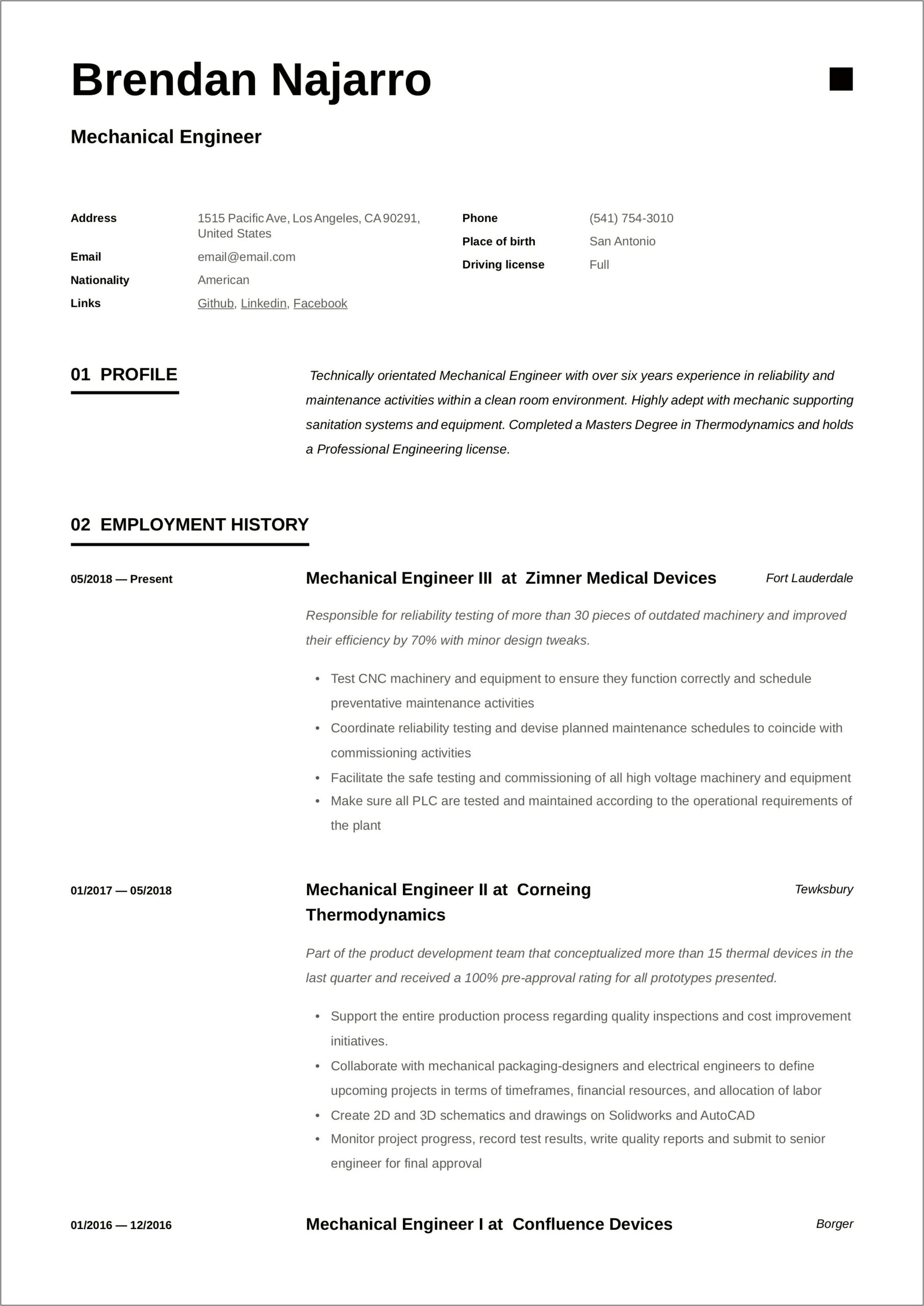 Sample Experienced Mechanical Engineer Resume