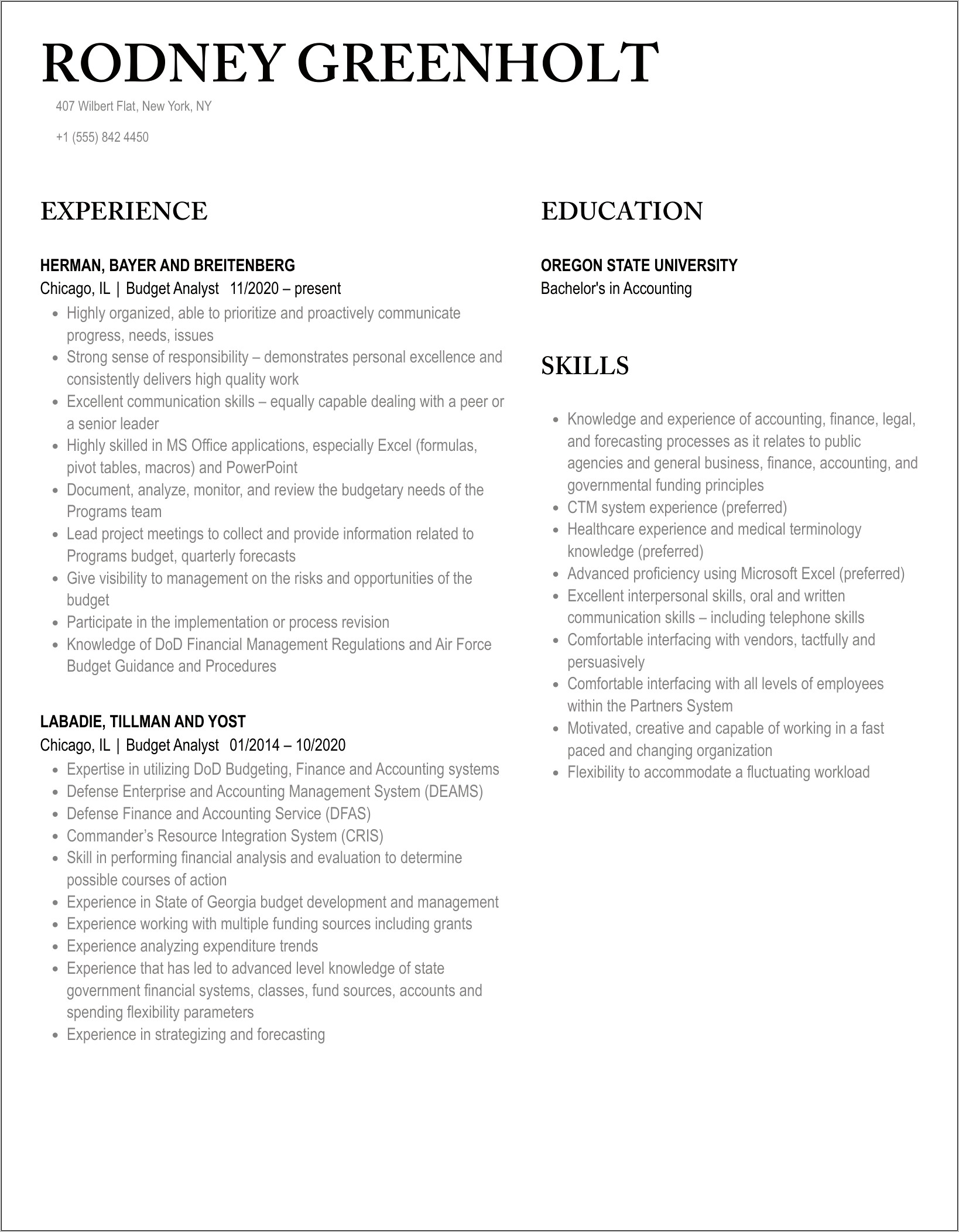 Sample Federal Budget Analyst Resume