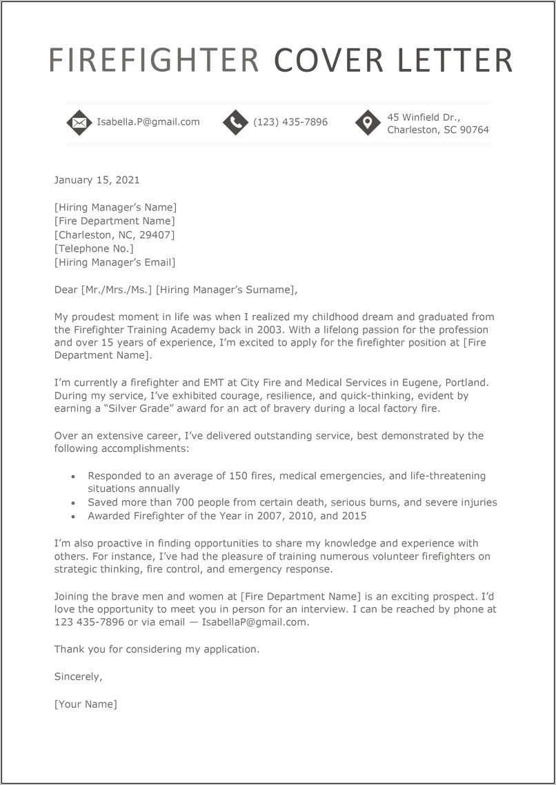 Sample Firefighter Resume Cover Letter