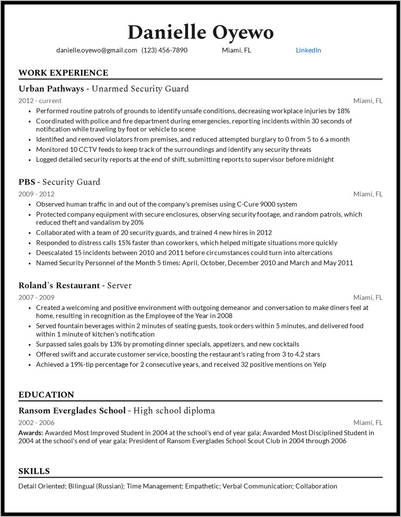 Sample For Security Guard Resume