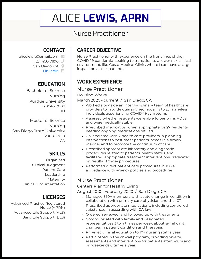 Sample Geriatric Nurse Practitioner Resume