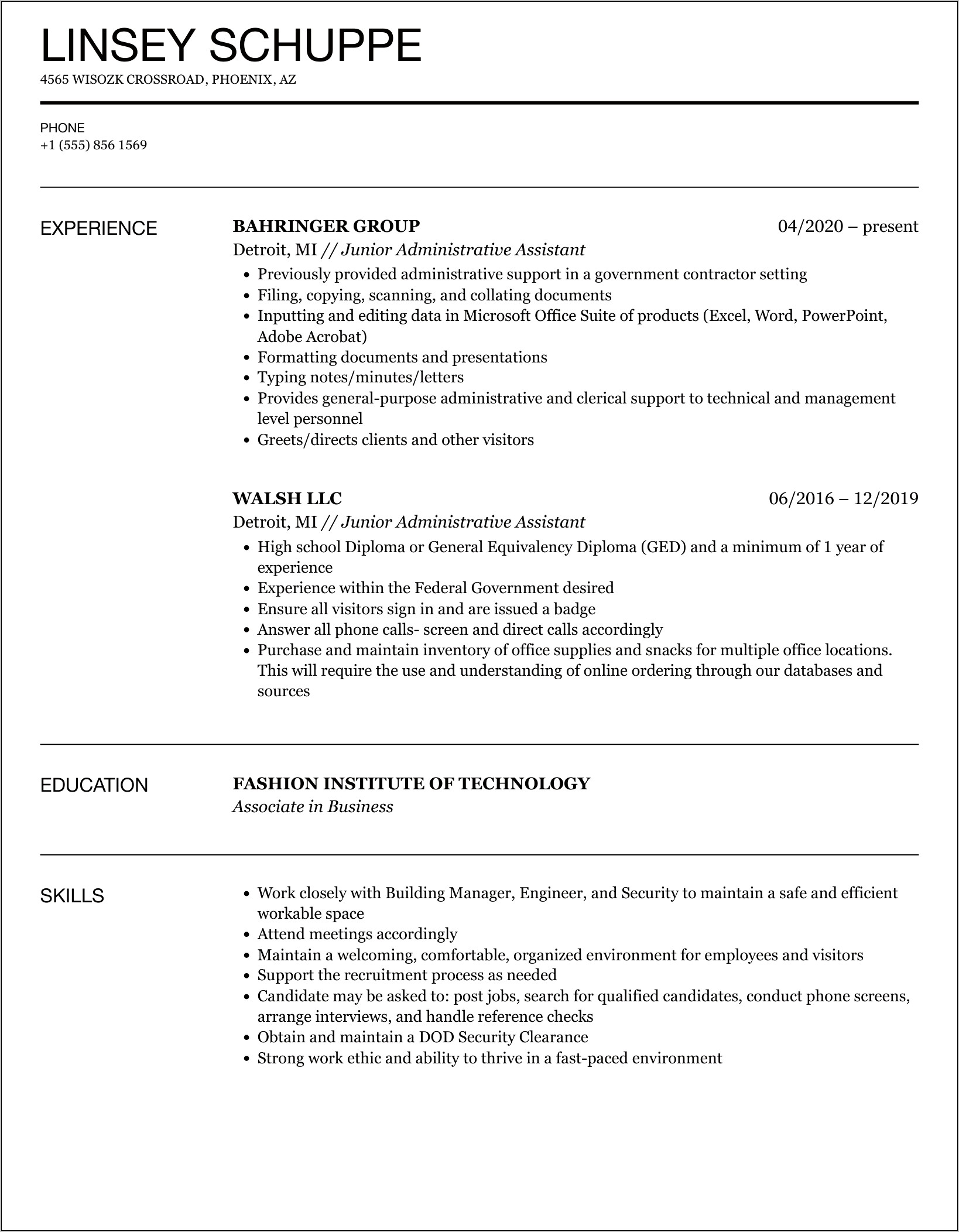 Sample Government Resume Administrative Assistant