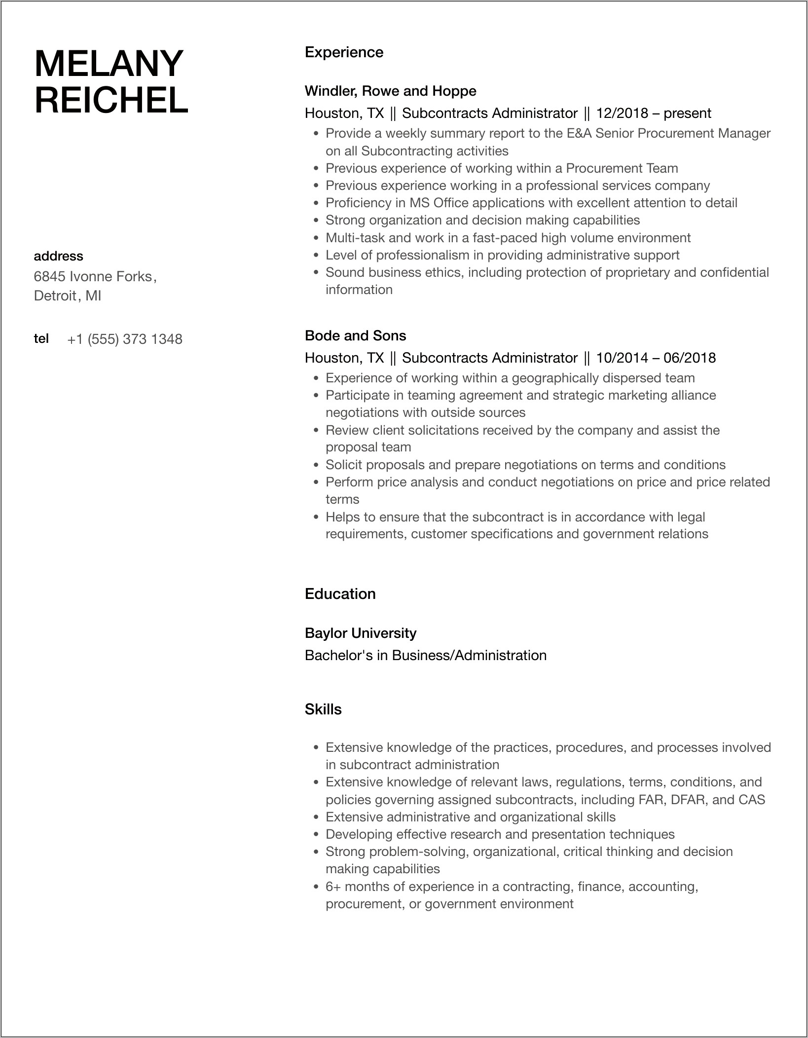 Sample Government Subcontract Administrator Resume