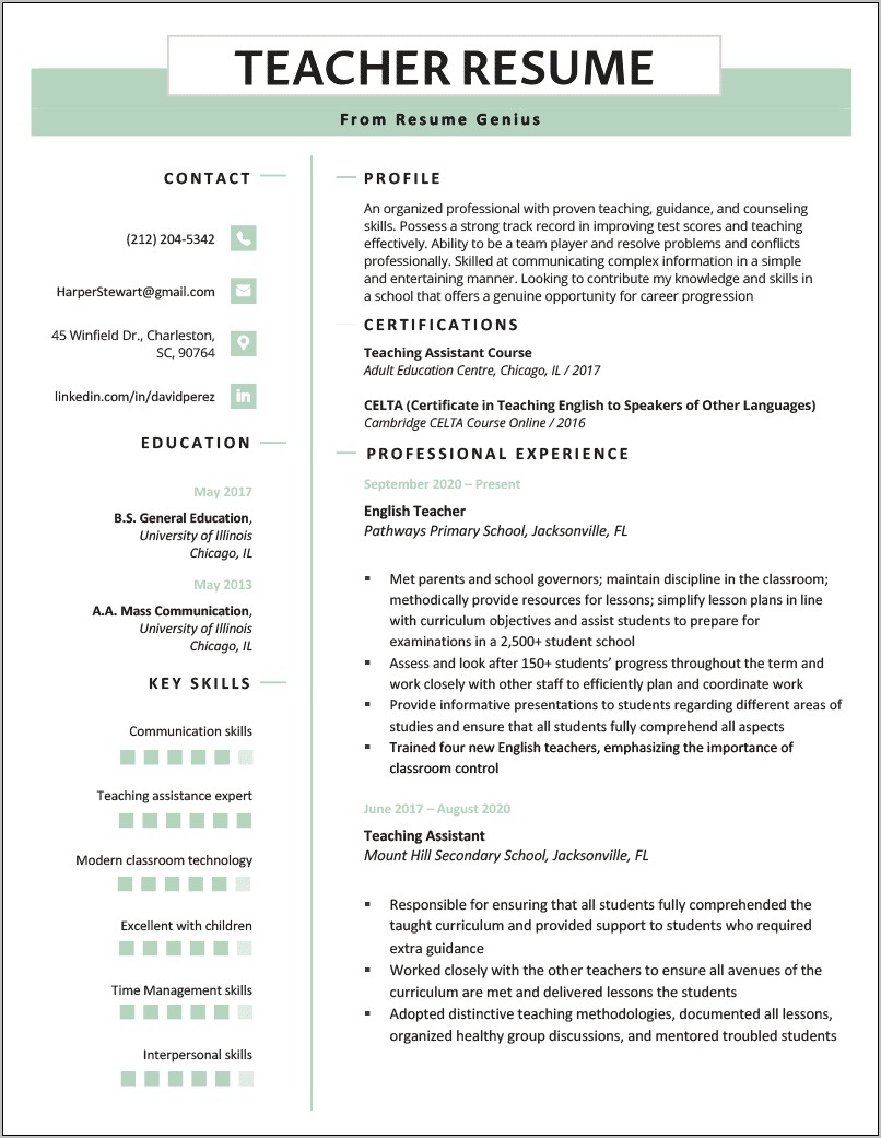 Sample High School Teaching Resume