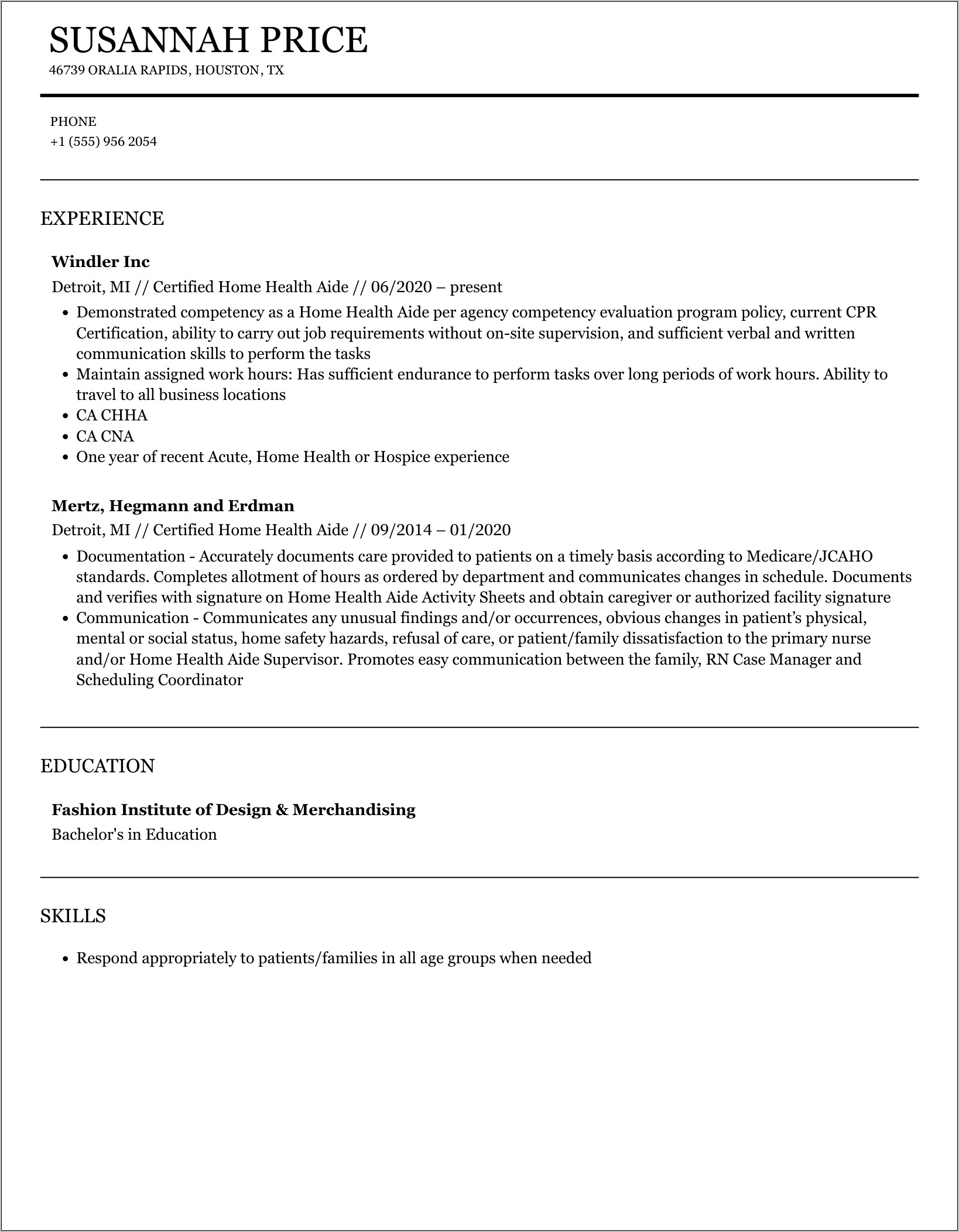 Sample Home Health Care Resume