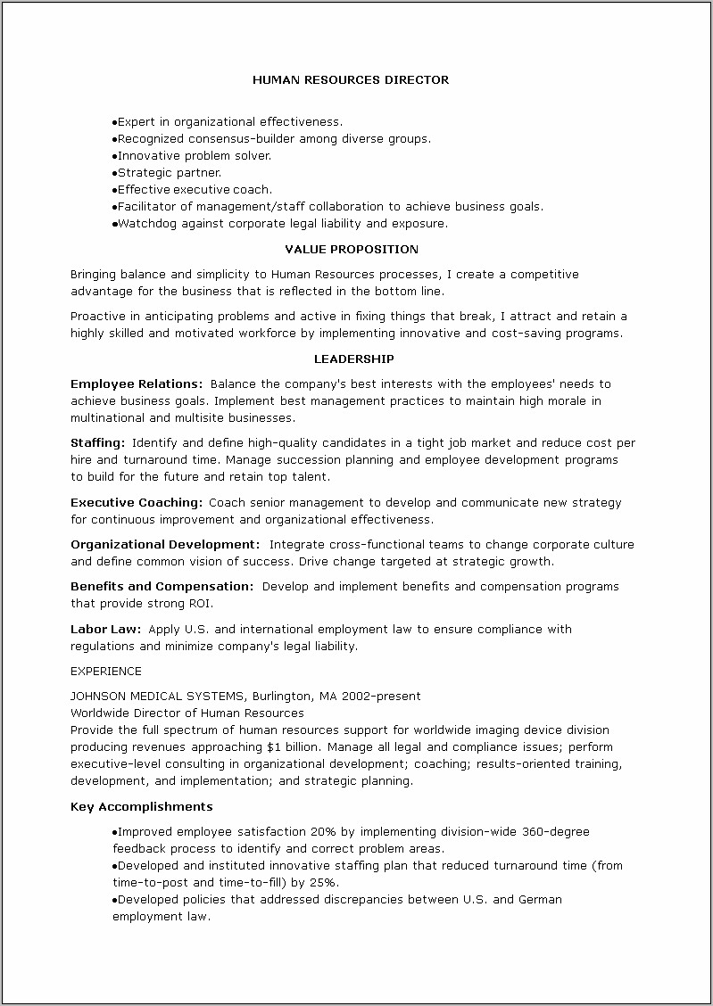 Sample Hr Resume With Accomplishments