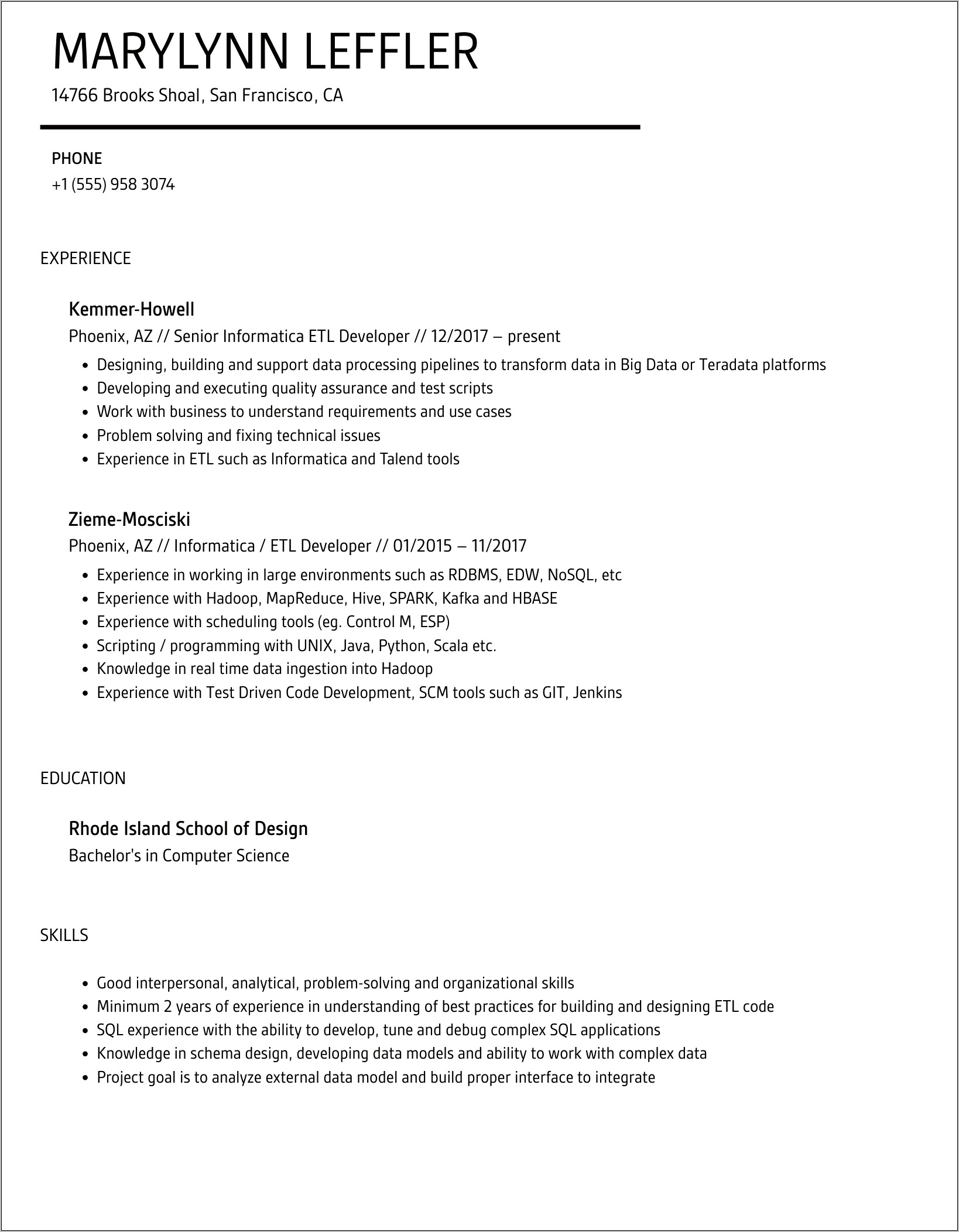 Sample Informatica Fresher Resume Formats