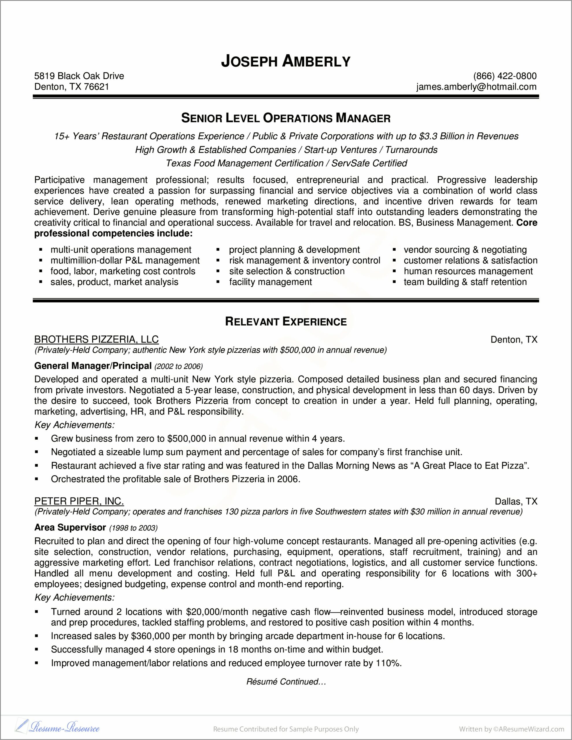 Sample It Operations Manager Resume