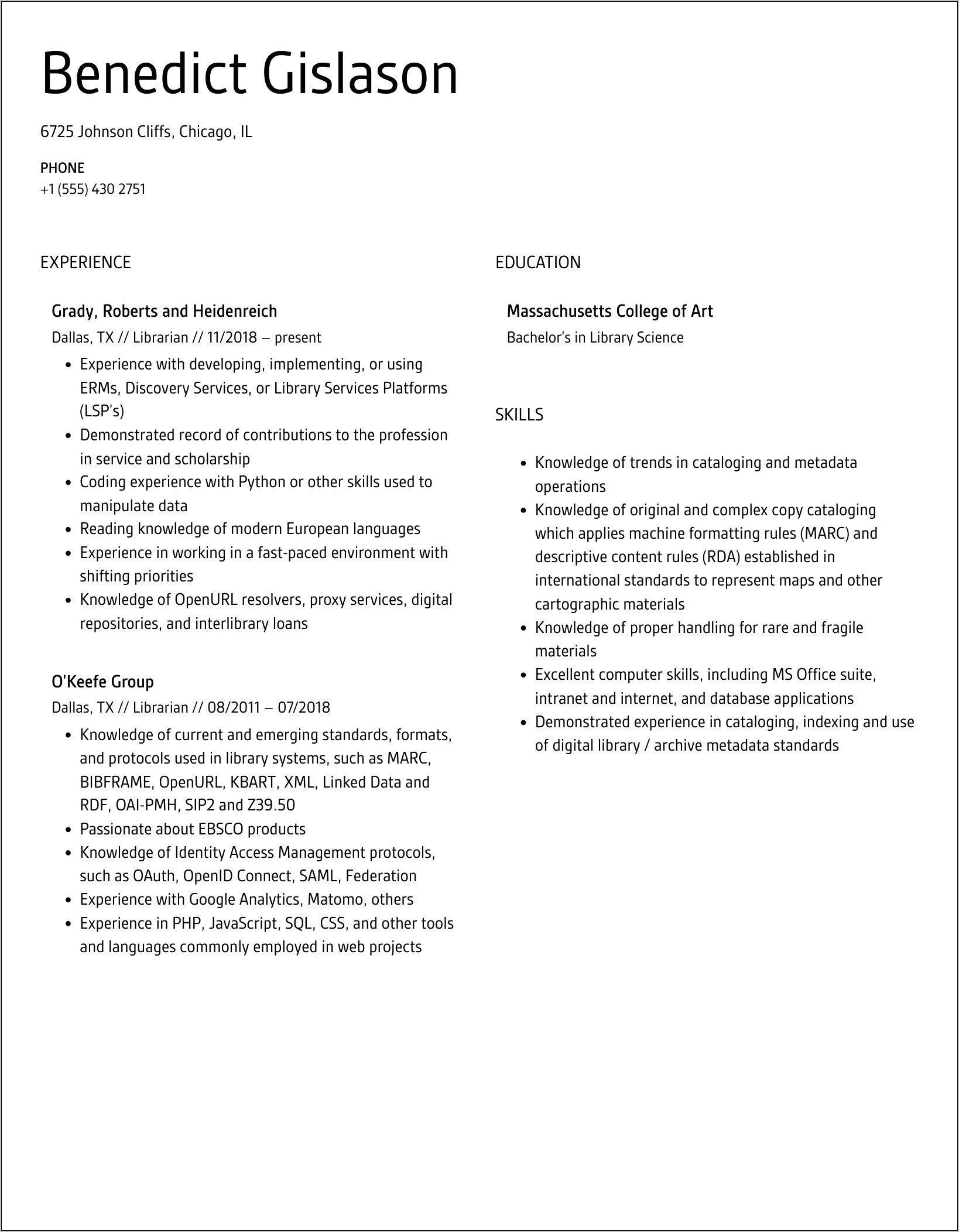 Sample Librarian Resume For Textiles